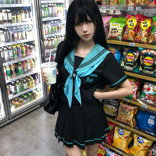 奶味樱桃初音黑色原创水手服女生短袖 夏季 新款 日系百褶裙制服套装