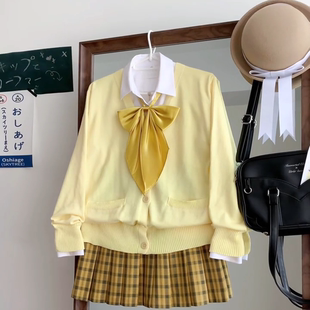 日系学院风jk制服套装女秋黄色V领针织开衫长袖毛衣百褶裙两件套