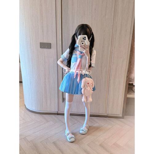 原创新品JK制服基础蓝三本水手服