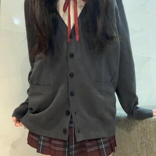 毛衣海棠红格裙女 叠穿宽松针织深灰色开衫 秋冬新款 原创jk制服套装
