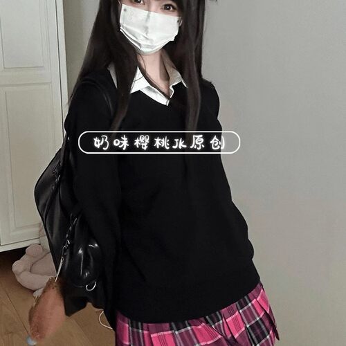 百褶JK黑色制服格毛针织衫
