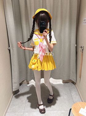 原创黄色三本JK制服日系短袖基础水手服学院中间jk裙可爱软妹套装