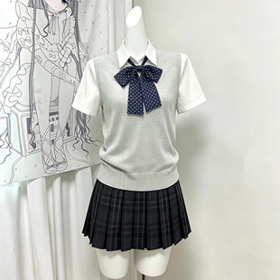 日系学院风JK制服正版原创浅灰背心马甲叠穿校供感百褶裙衬衣套装