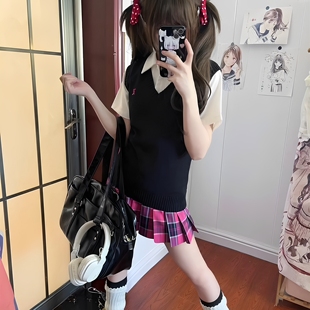 叠穿背心马甲上衣女春秋校供感jk制服套装 原创日系甜美刺绣针织衫