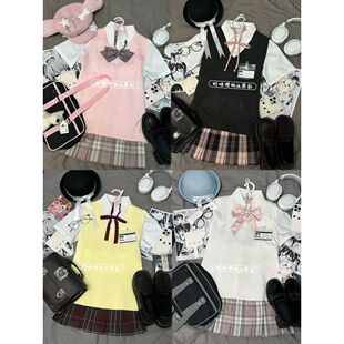 日系原创JK制服套装女背心马甲叠穿校供感短袖衬衣格裙百褶裙短裙