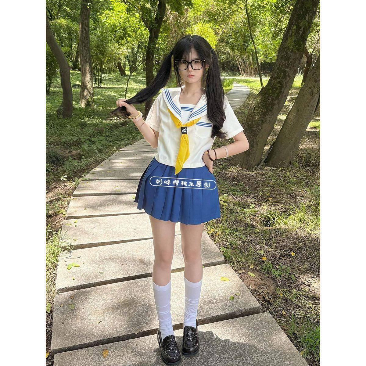 JK制服基础原创水手服jk白领海军蓝三本短袖学院百褶裙女学生套装