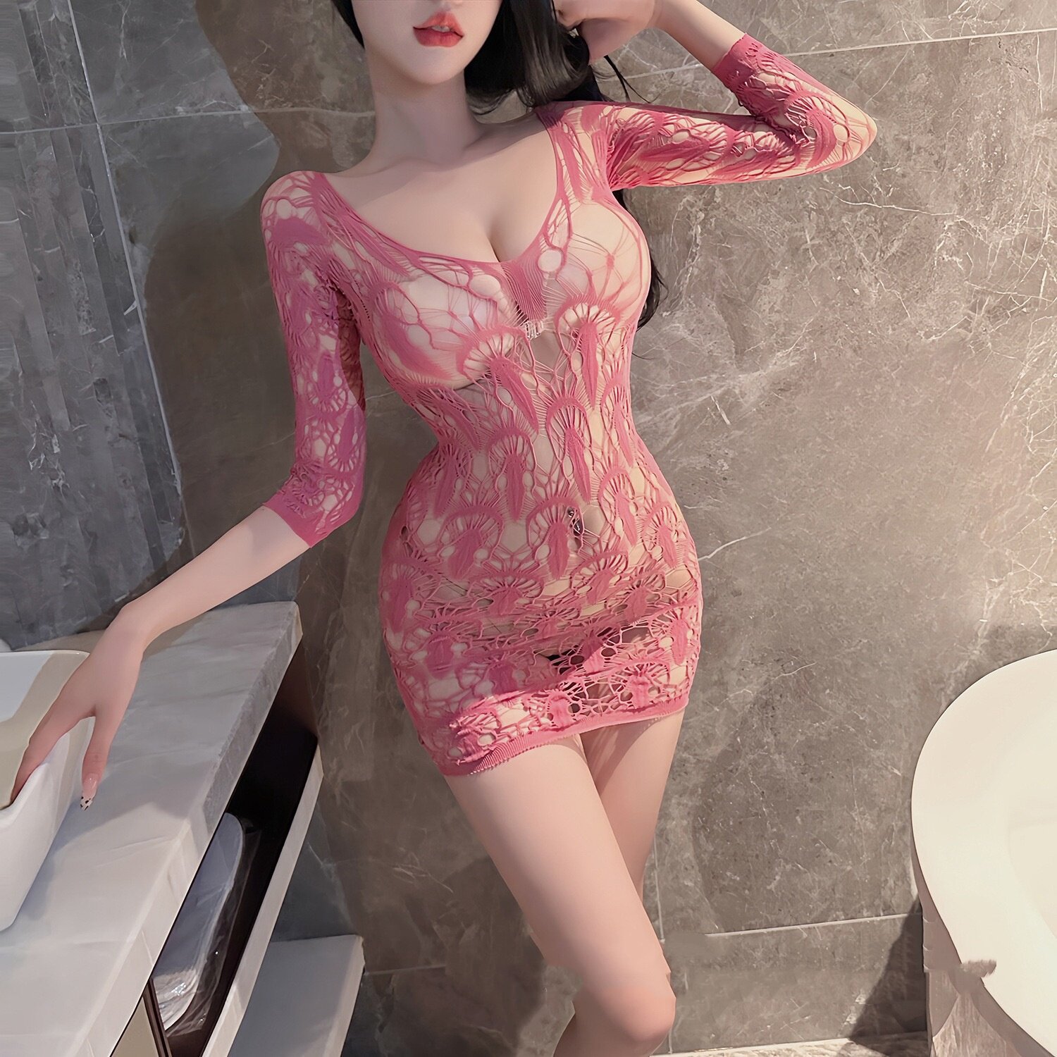 甜美粉色纯欲伪娘睡裙透视女装大佬连身衣七分袖ts男娘包臀家居服