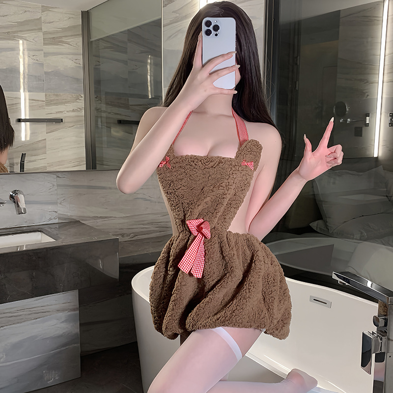 初恋女友甜美可爱毛绒吊带伪娘睡裙女装大佬系带露背男娘变装短裙