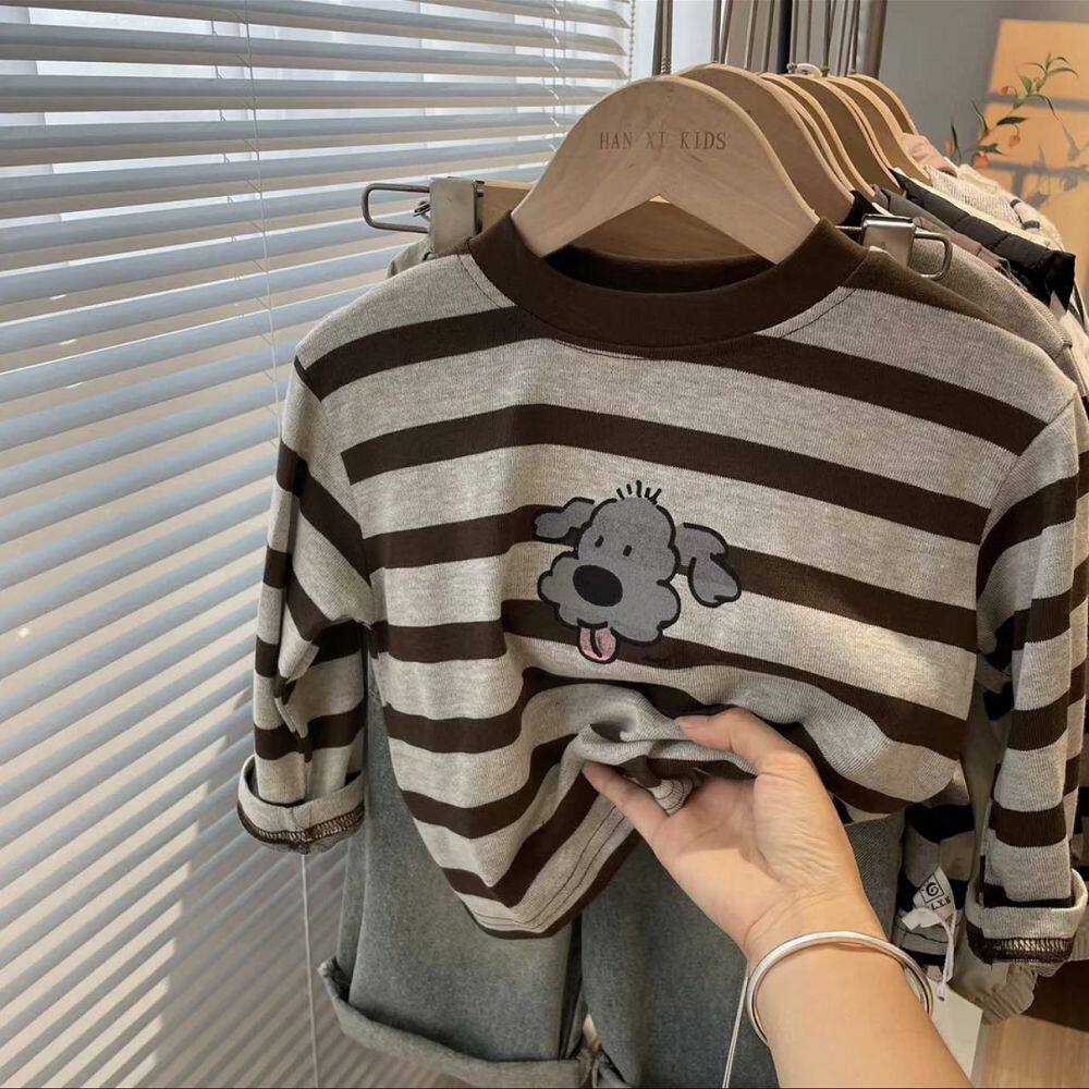 婴儿童长袖t恤2026春装新款男女童卡通小狗条纹打底衫宝宝上衣潮