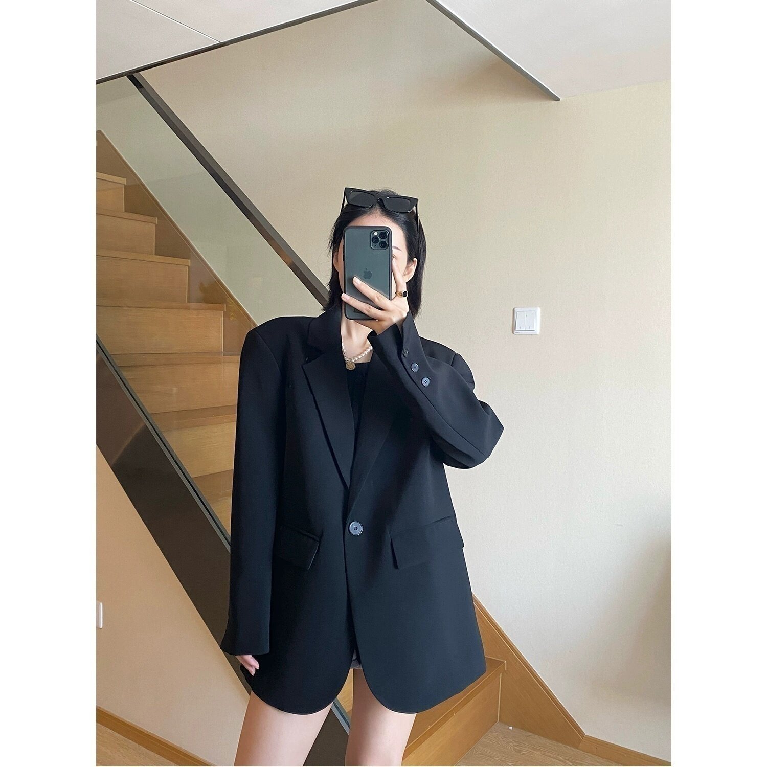 WFYO/黑色西装外套女2025春秋新款小众设计感西服宽松休闲 上衣女