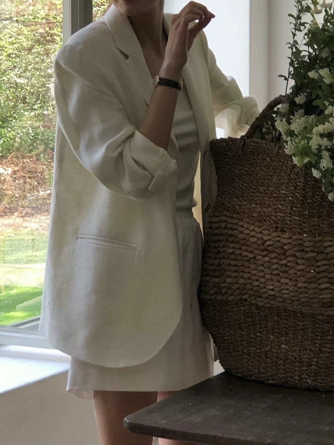 WFYO/2026夏新款韩版休闲 宽松防晒薄款亚麻白色小西装外套女西服