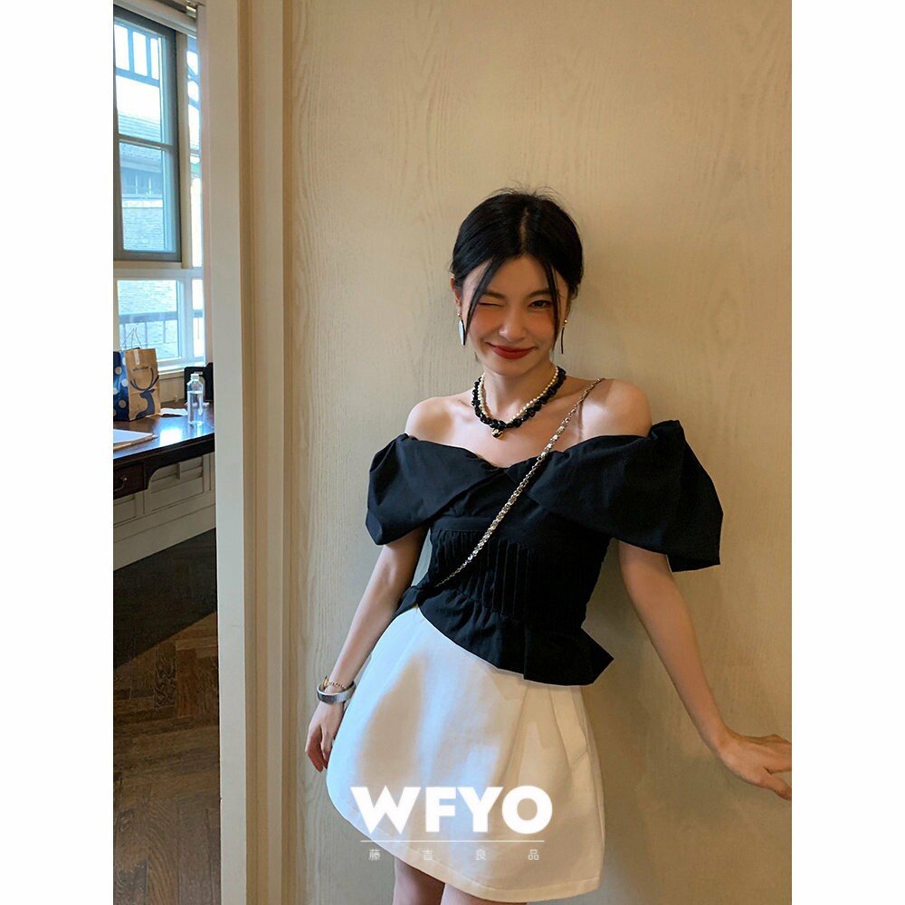 WFYO/2026春秋新款黑色上衣一字肩衬衫短款显瘦小个子露肩衬衣女