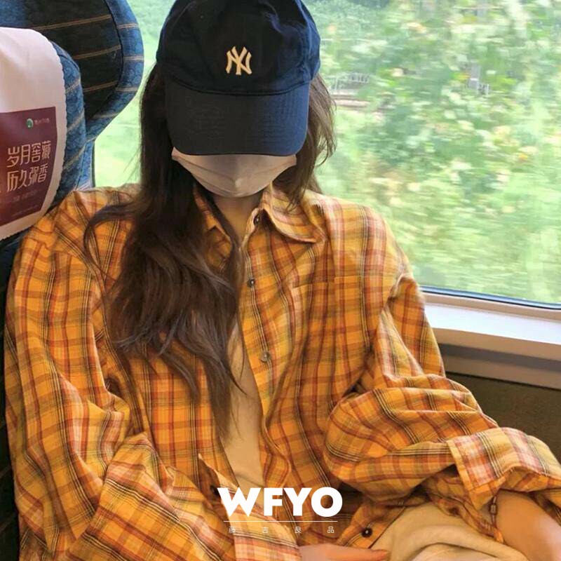 WFYO/2026春夏新款多巴胺黄色格子衬衫外套女宽松休闲长袖衬衣ins
