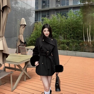 WFYO/黑色短款双面羊绒大衣女小个子2025冬季新款呢子羊毛呢外套