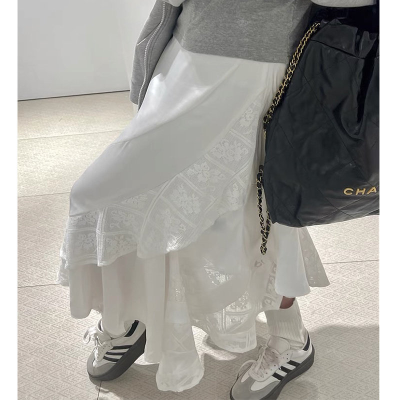 WFYO/不规则蕾丝拼接蛋糕裙子半身裙女2026夏新款缎面半裙中长款