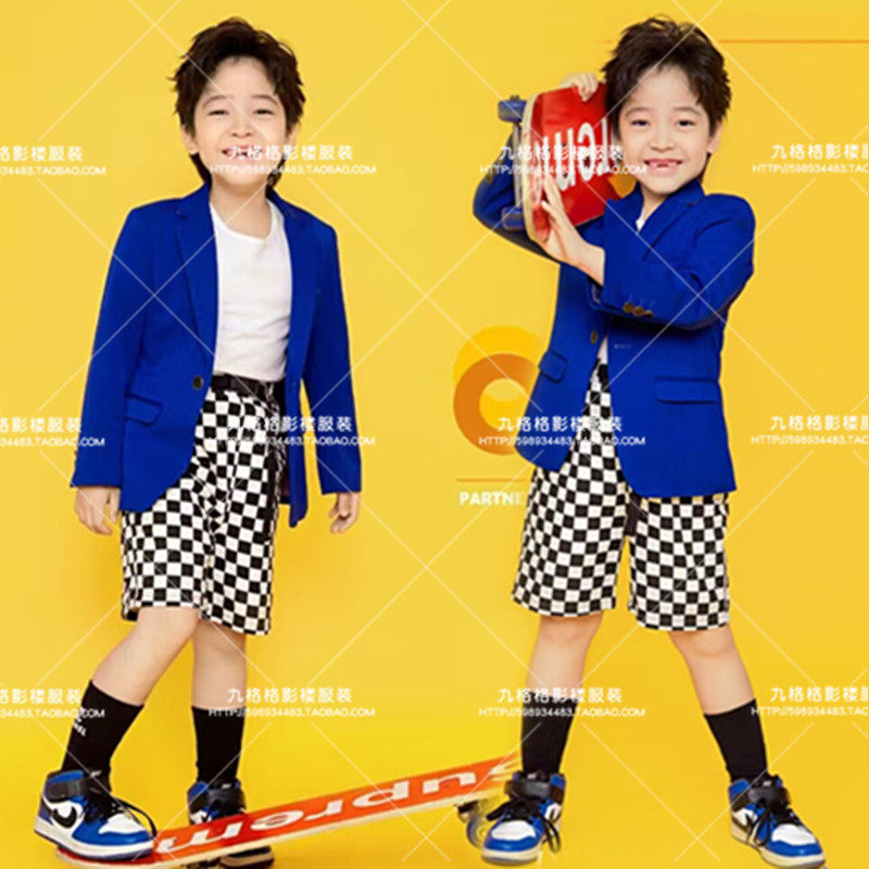 男童舞台走秀比赛糖果色儿童演出服少儿模特T台大赛克莱因蓝西服