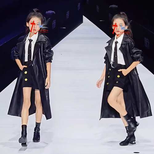 少儿模特舞台大赛女童皮风衣外套礼服T台走秀演出服儿童比赛服装
