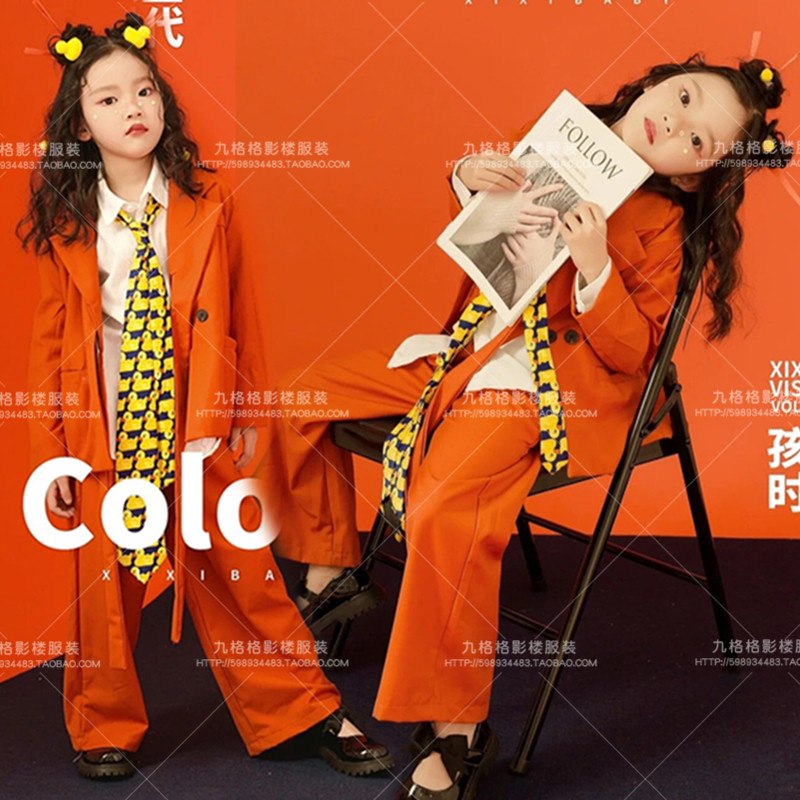 影楼小童橘色西装儿童写真艺术拍照大童舞台比赛走秀马卡龙演出服