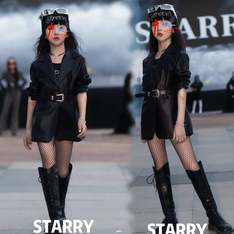 比赛女童皮衣机车服少儿模特大赛T台MOKA演出服舞台走秀儿童礼服