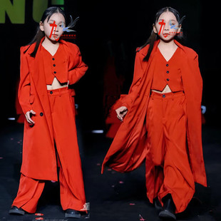舞台走秀大赛MOKA女童红色西装风衣外套礼服T台比赛儿童表演服装