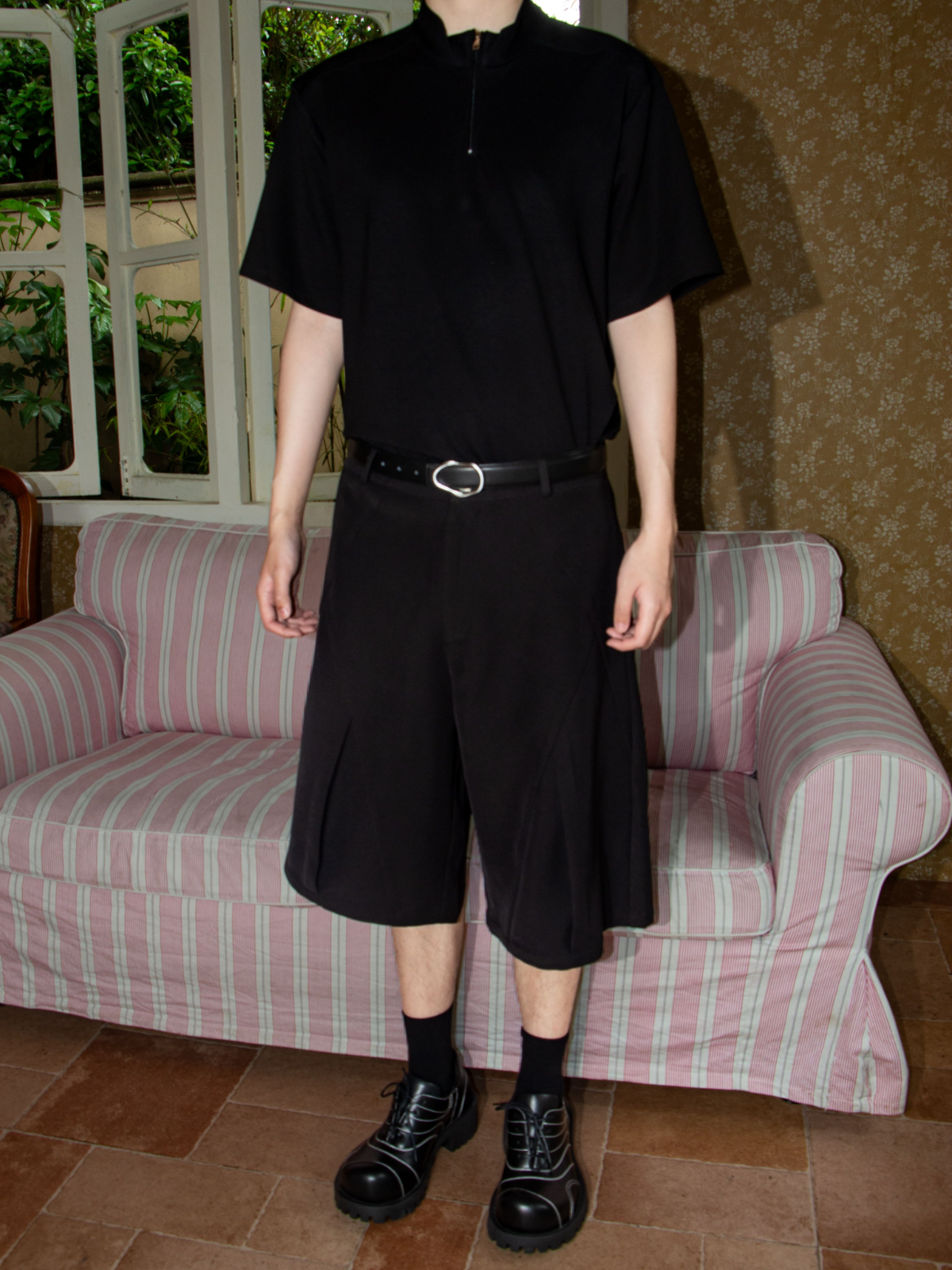 立体打褶A字七分西装短裤