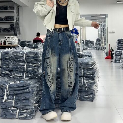 美式弯刀工装阔腿牛仔裤女显瘦