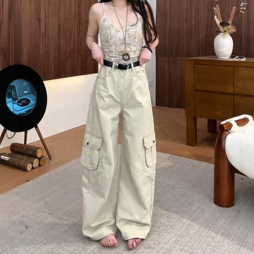 弯刀工装阔腿牛仔裤女大码显瘦