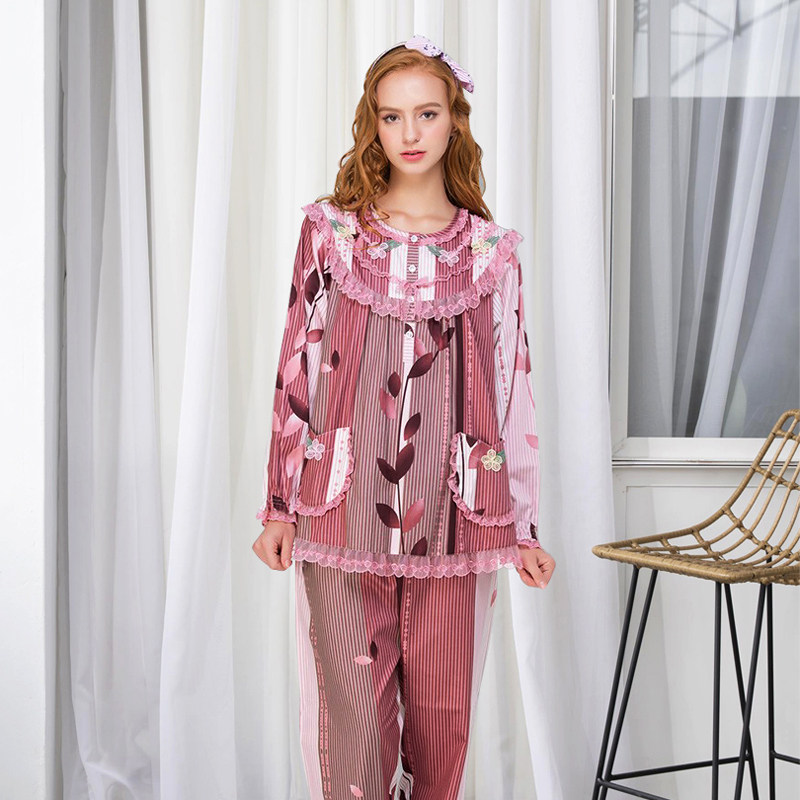 欣琦丝睡衣女2026秋季新品100%全棉长袖套头蕾丝边印花家居服两件