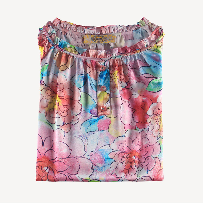 美标330242专柜夏季桑蚕丝真丝睡裙女薄款精美喷绘短袖中长家居服