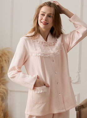 罗丝美13260秋冬新品三层暖棉布保暖家居服女纯色提花蕾丝睡衣套