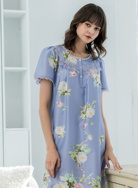 罗丝美16032专柜60支直贡棉睡裙女蕾丝边印花中长款紫色家居服薄