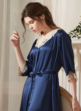 罗丝美13021睡衣夏季女100%桑蚕丝家居服七分袖纯色中款绣花睡裙