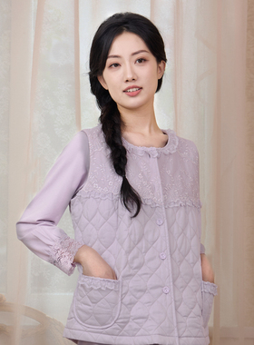 罗丝美14287三层保暖上装坎肩背心女夹薄棉马甲蕾丝绣花家居睡衣