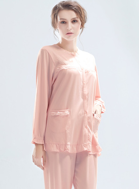 伊丝芬睡衣女秋冬季莫代尔面料长袖纯色绣花蕾丝家居服套装37940