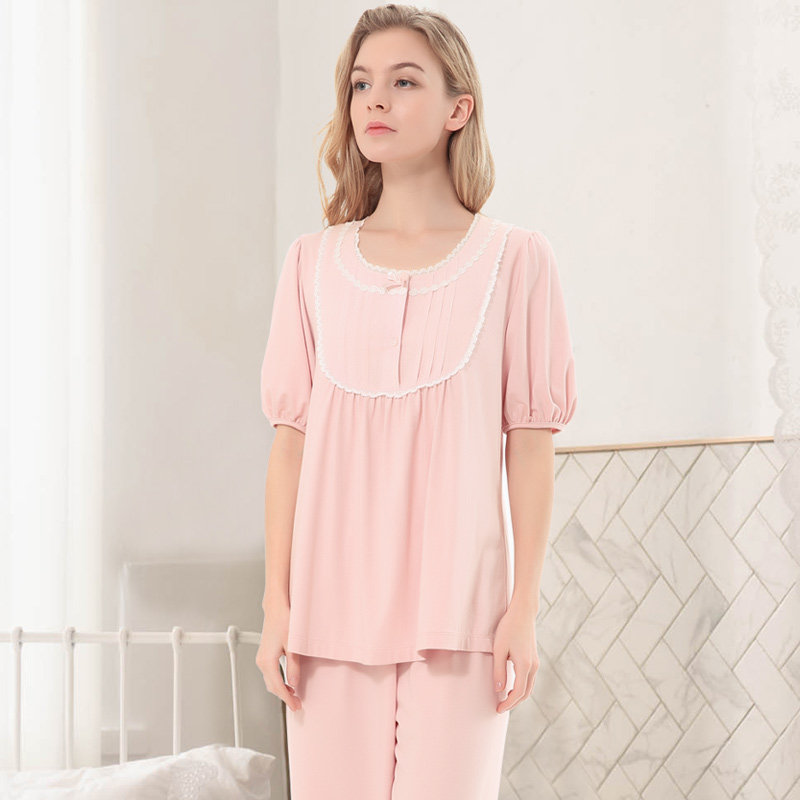 伊丝芬睡衣女士针织棉质粘纤短袖家居服套装夏季新品可外穿39871