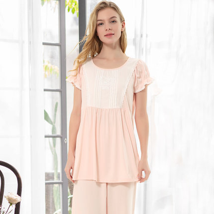 Isyfen/伊丝芬睡衣女纯棉夏短袖长裤家居服两件套装夏季新品39873