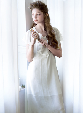 罗丝美优雅夏季短袖睡裙纯棉内搭桑蚕丝外披睡衣女士家居服18022