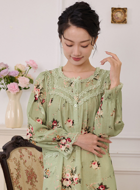 罗丝美14212纯棉双层棉纱印花睡裙秋长袖高级感宫廷风中长家居服