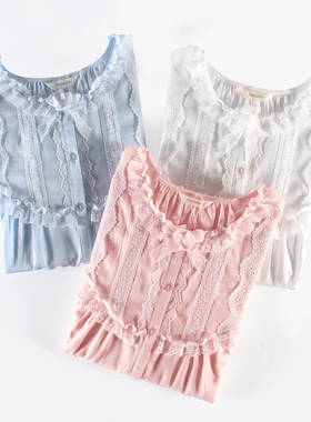 罗丝美专柜15056夏60支全棉直贡睡衣女蕾丝边短袖长裤家居服套装