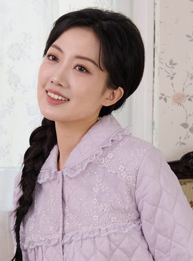 罗丝美14286冬季直贡夹薄棉睡袍女三层保暖蕾丝边家居睡衣中长袍
