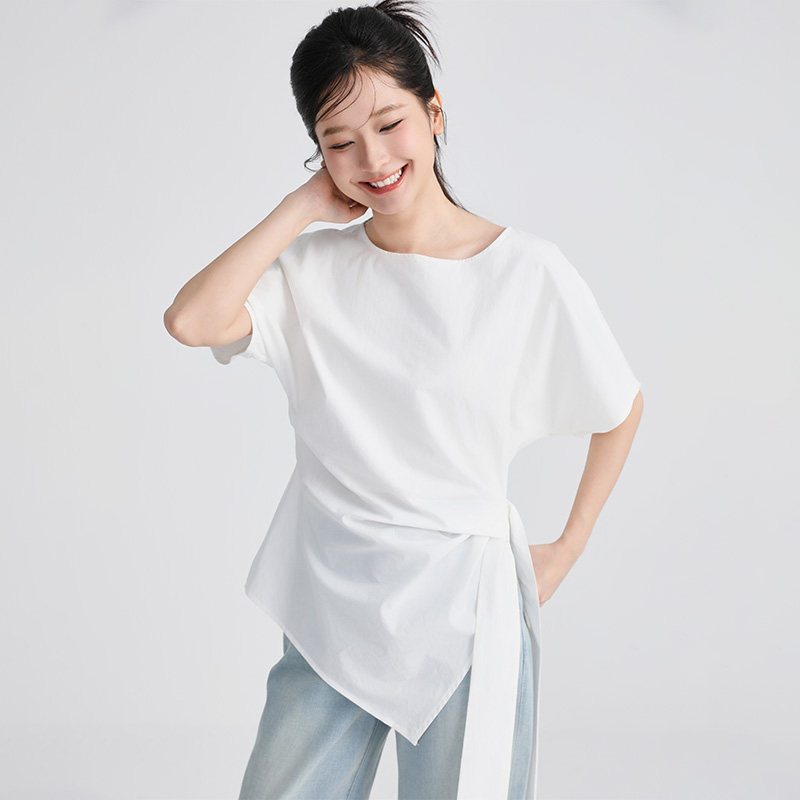 衣唱衣合 2025夏季新款 纯棉圆领连肩袖设计感打结上衣短袖衬衫女