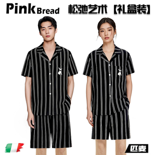短袖 PinkBread 春夏季 明星同款 丝绸家居服 情侣纯棉睡衣男女款