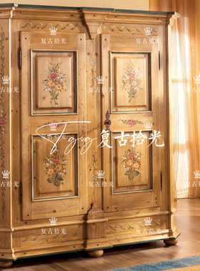 复古拾光 法式复古风彩绘实木衣柜 花朵图案双门储物柜 卧室家具