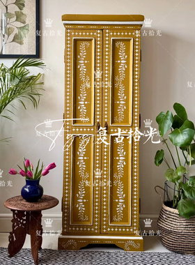 复古拾光法式复古实木彩绘衣柜小户型卧室黄色衣橱家用储物柜桦木