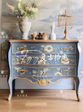 复古拾光 法式复古彩绘床边柜 实木雕花玄关柜 蓝色做旧储物柜