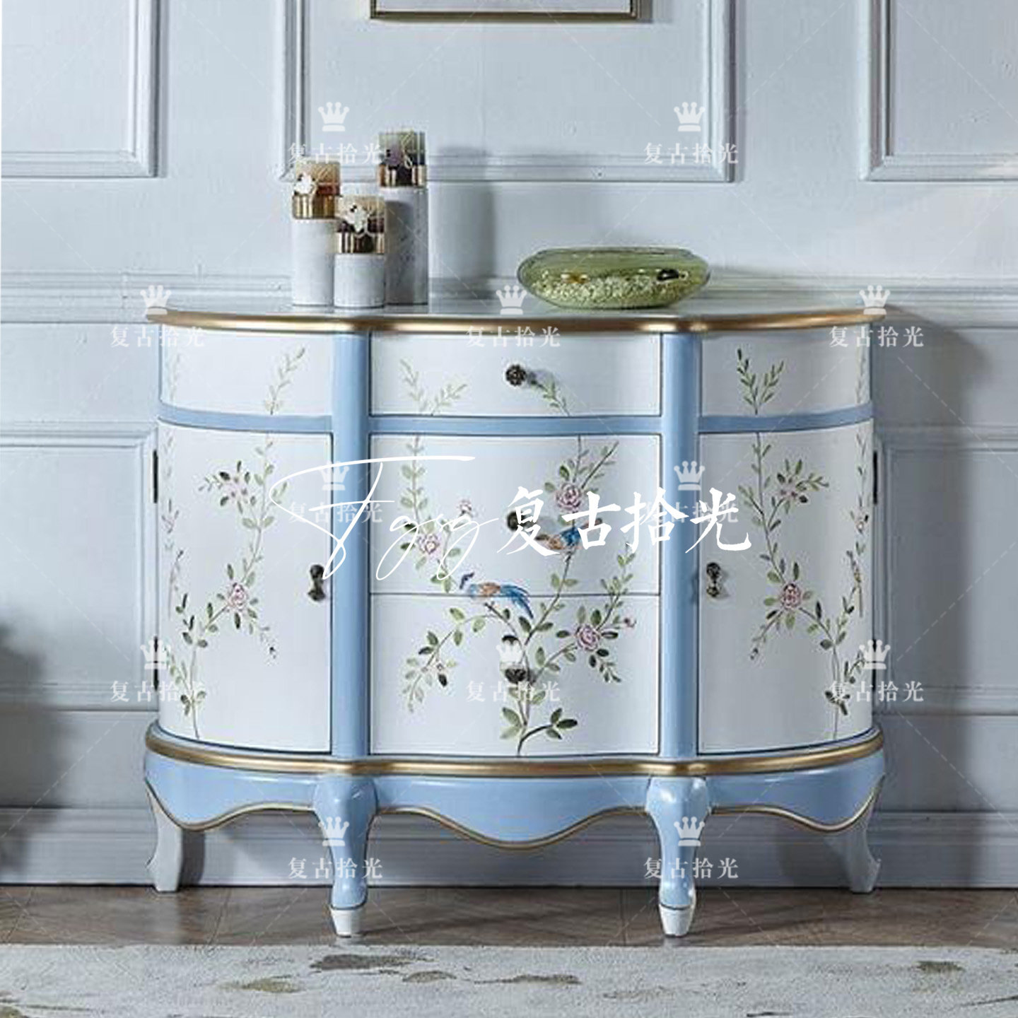 复古拾光 法式复古蓝白色花鸟彩绘玄关柜 家用储物柜 入户门厅柜,住宅家具,门厅/玄关柜/玄关架,淘宝优惠券,粉丝福利购,淘宝优惠卷