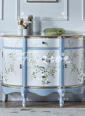复古拾光 法式复古蓝白色花鸟彩绘玄关柜 家用储物柜 入户门厅柜