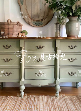 复古拾光 法式复古实木九斗柜 绿色玄关柜 收纳储物柜 客厅置物柜