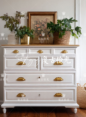 复古拾光 法式复古风白色实木玄关柜 金色把手储物柜 客厅装饰柜