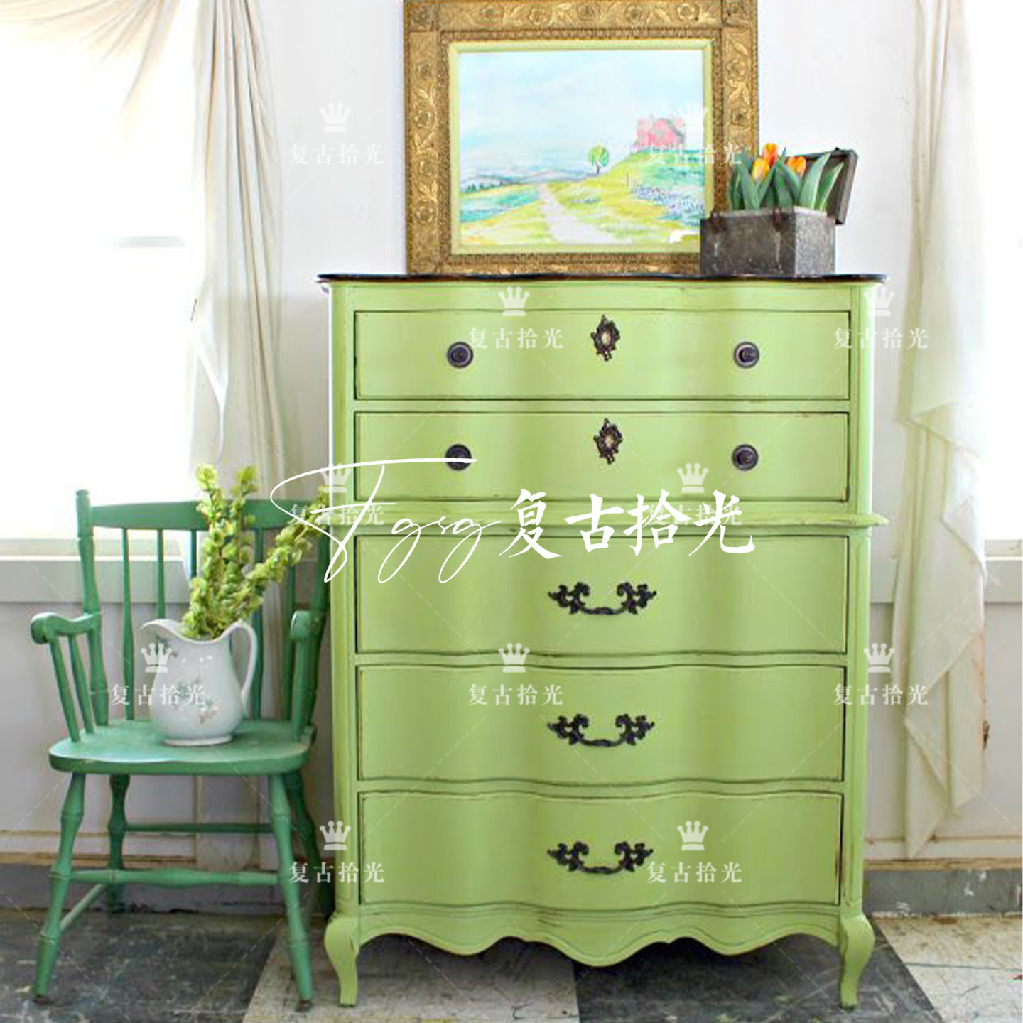 法式复古绿色实木五斗柜储物柜